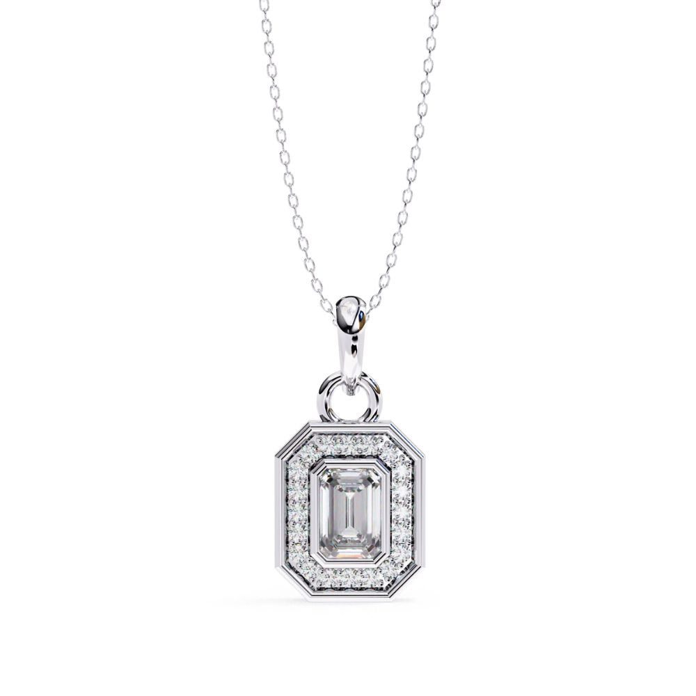 Emerald Cut Halo Diamond Pendant Necklace