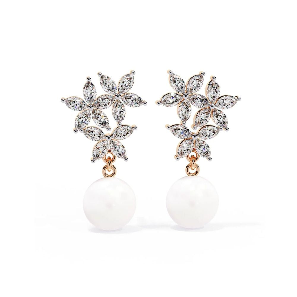 Floral Diamond Cluster Earrings with Pearl Drops