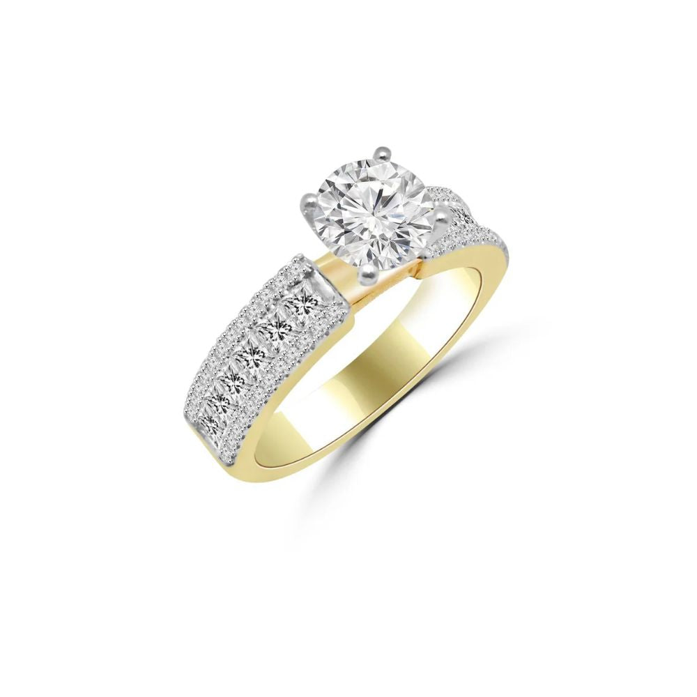 Round Solitaire Diamond Ring with Double Row Pave and Princess Cut Accents
